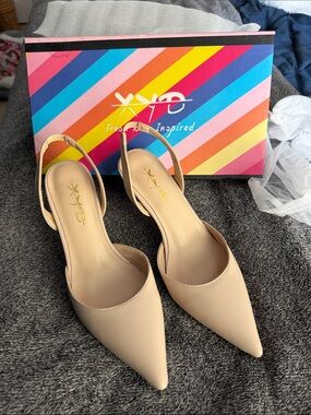 XYD Beige Pointed-Toe Slingback Mules